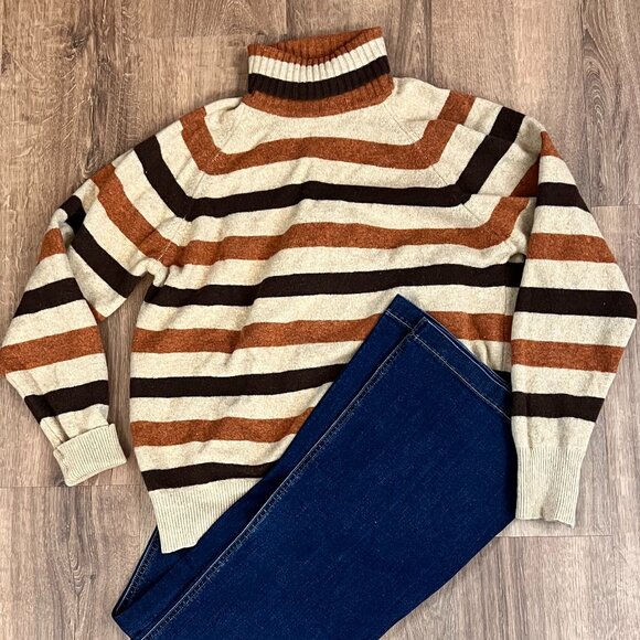 Vintage Thane 70s Brown Stripe Turtleneck Sweater 100% Lambswool Sz L - Picture 1 of 10